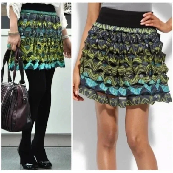 Diane von Furstenberg Gunita Mini Skirt Green Blue Open Work Wave Print SZ 4 - Picture 1 of 14